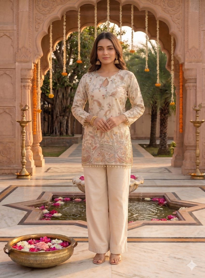 Teeya Creation Off-White Embroidered Straight Kurta With Pant Set | Grocsy