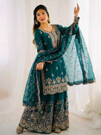 Teeya Creation Morpich Color Gymmi Silk Embroidery Work Wedding Wear Sharara Set | Grocsy