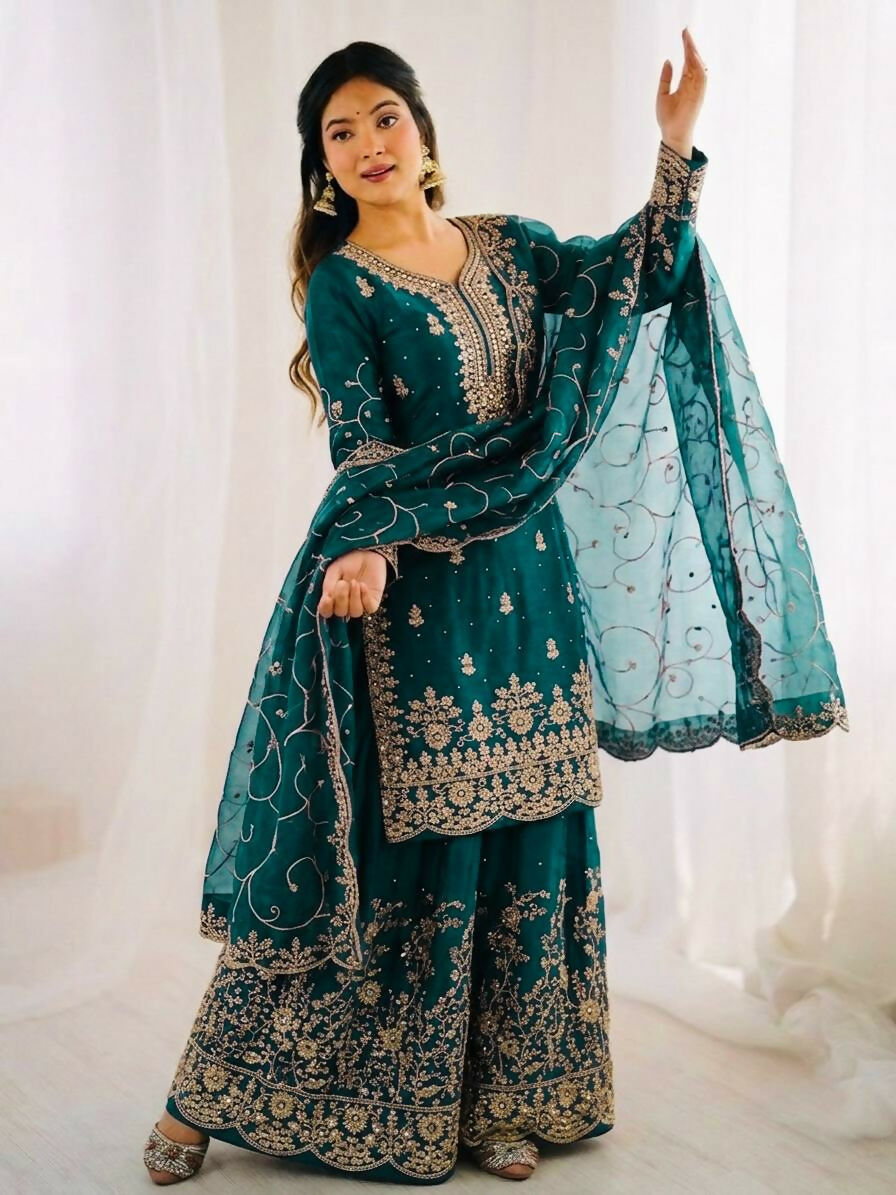 Teeya Creation Morpich Color Gymmi Silk Embroidery Work Wedding Wear Sharara Set | Grocsy