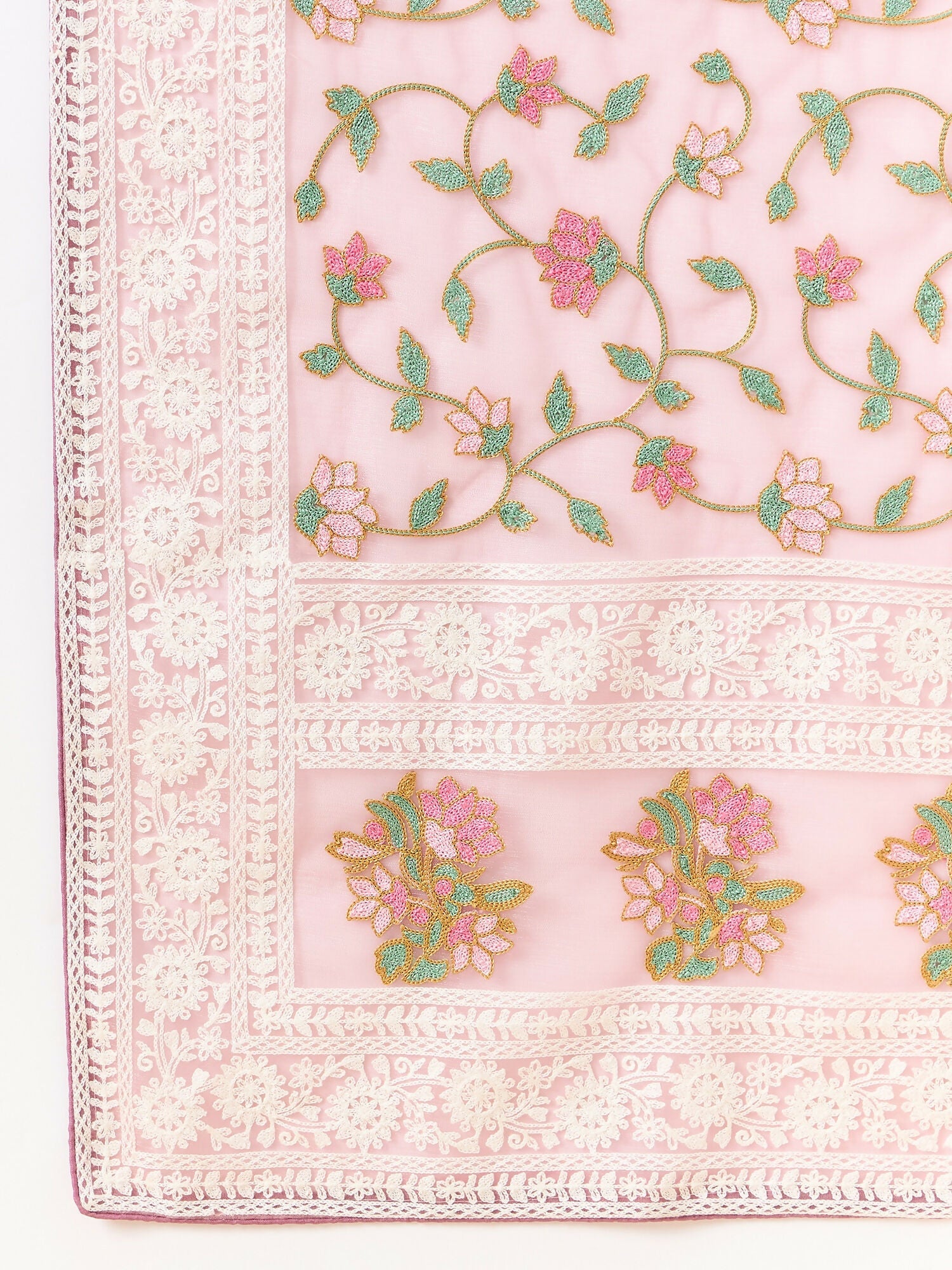 Pink Organza Floral Embroidered Saree with Unstitched Blouse Piece - Roozal | Grocsy