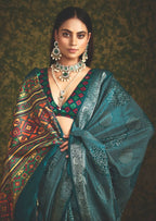 Joban Fashion Blue Velvet Tussar Silk with Foil Print Saree | Grocsy