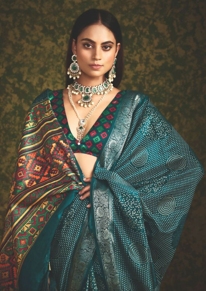 Joban Fashion Blue Velvet Tussar Silk with Foil Print Saree | Grocsy