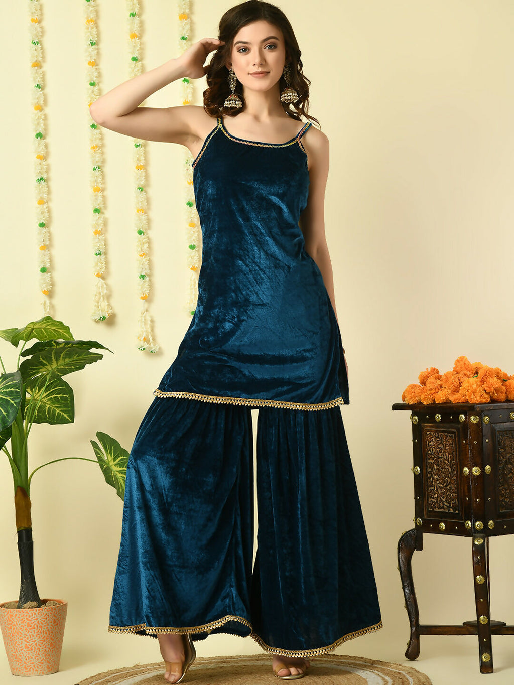 Myshka Women's Teal Velvet Kurti & Sharara With Dupatta Party Sets | Grocsy
