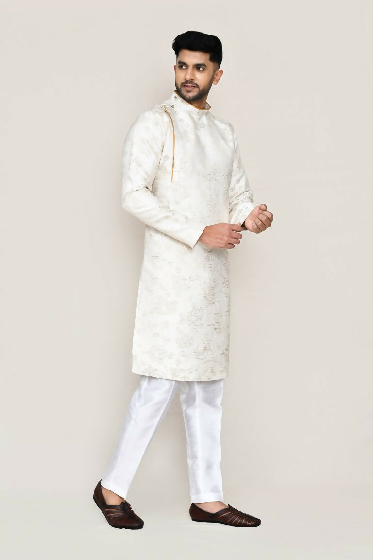 Joban Fashion Cream Colored Jacquard Silk Fabric Kurta With Straight Fit Pant | Grocsy