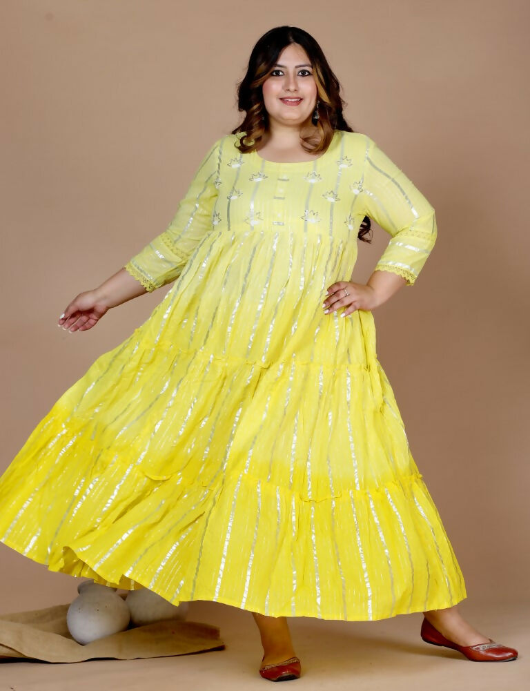 Miravan Women's Plus Size Cotton Embroidery And Lace Work Yellow Party Wear Anarkali Kurta | Grocsy