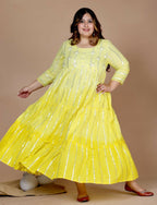 Miravan Women's Plus Size Cotton Embroidery And Lace Work Yellow Party Wear Anarkali Kurta | Grocsy