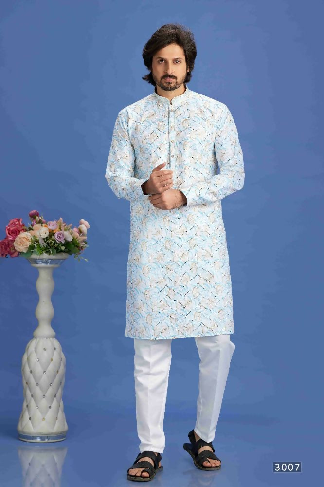 Raivat Ethnic Cotton Embroidery Kurta Pajama In Sky Blue Colour | Grocsy