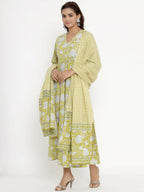 Miravan Women's Cotton Floral Print Anarkali Kurta With Dupatta | Grocsy