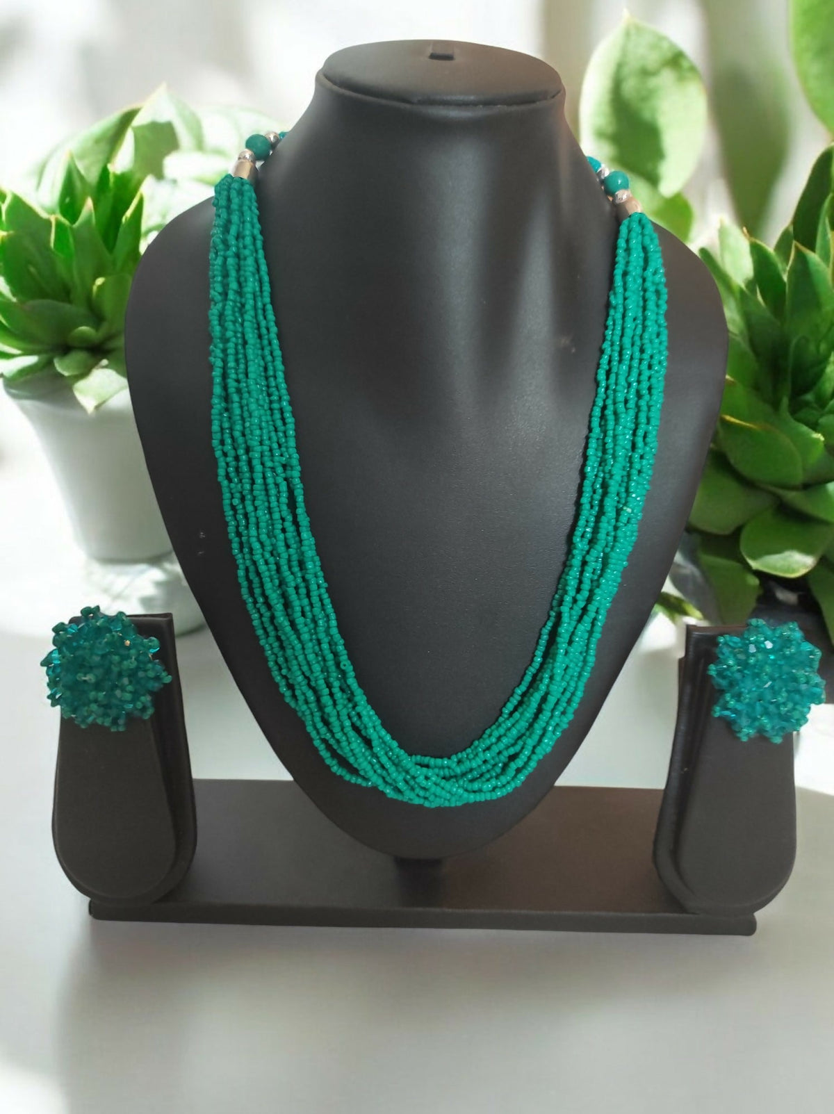 Inhanns Bloom Handmade Beaded Necklace With Earrings - 12 Layers - Sea Green Necklace Set | Grocsy