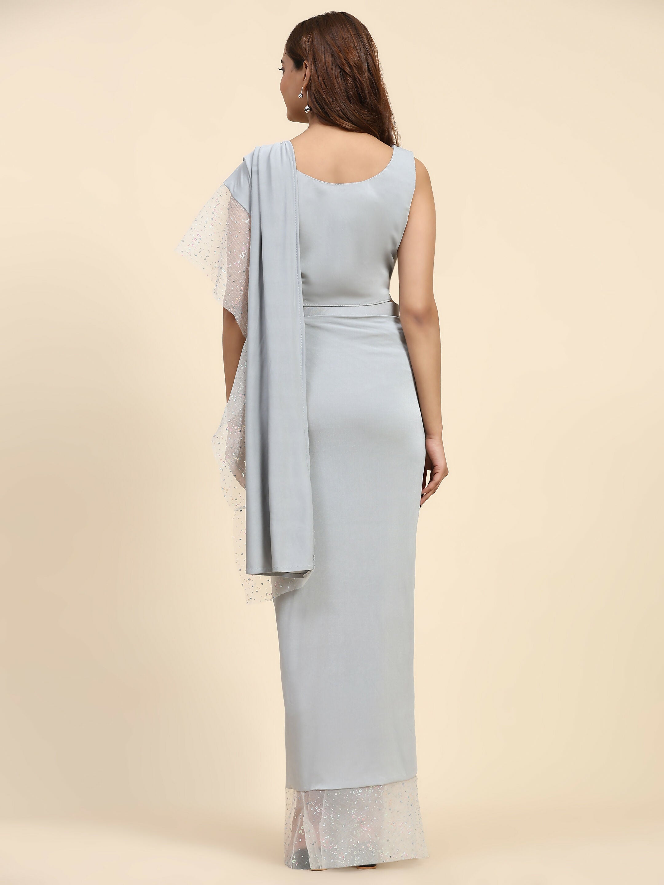 Light Grey Lycra Solid Ready to Wear Saree with stitched Blouse - Nita | Grocsy