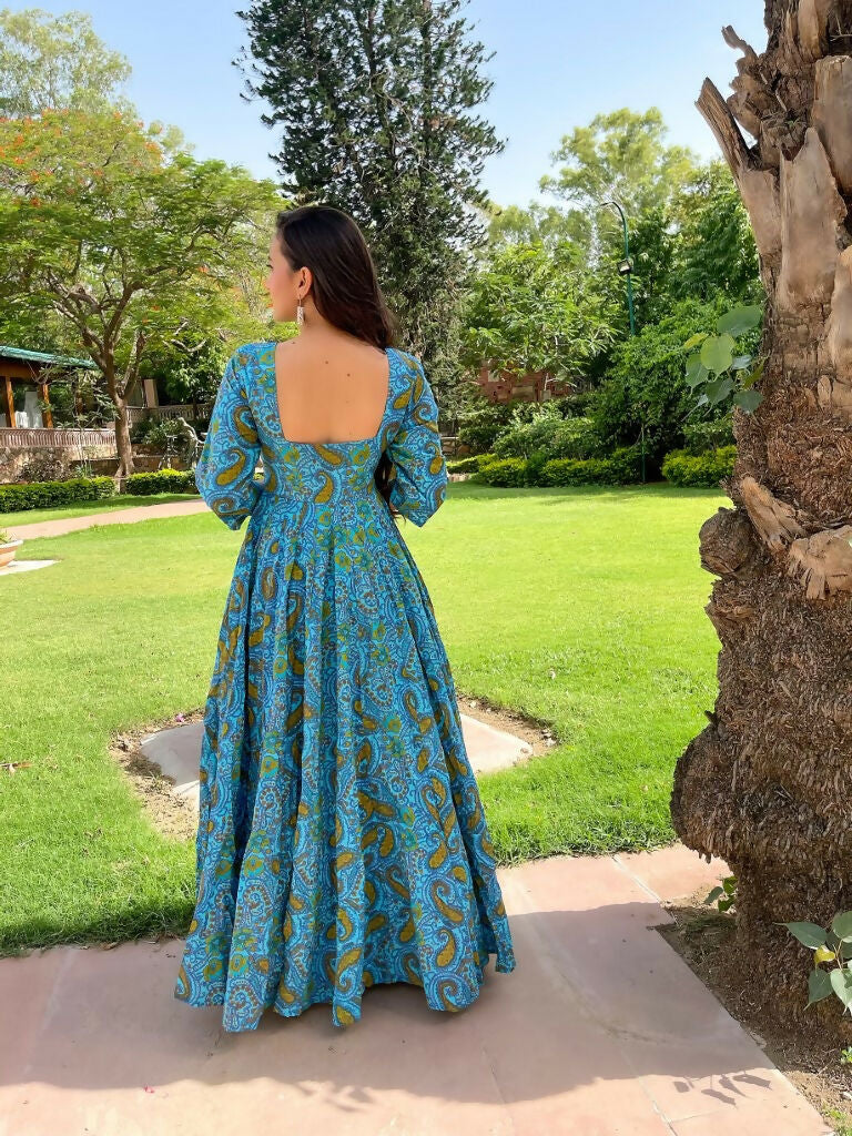 Jyoti Fashion Women's Turquoise Heavy Digital Printed Cotton Silk Anarkali Dress | Grocsy