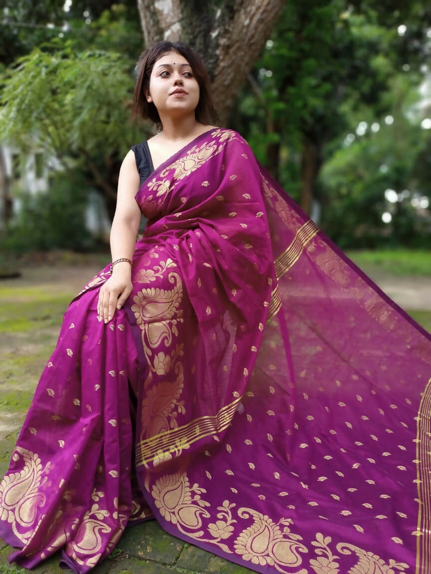 Exclusive Collection Purple Beautiful Cotton Silk Saree | Grocsy
