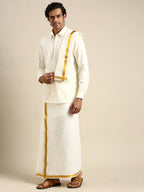 Ramraj Cotton Mens Wedding Cream Regular Dhoti, Shirt & Towel Set Subhakalyan 1/2" | Grocsy