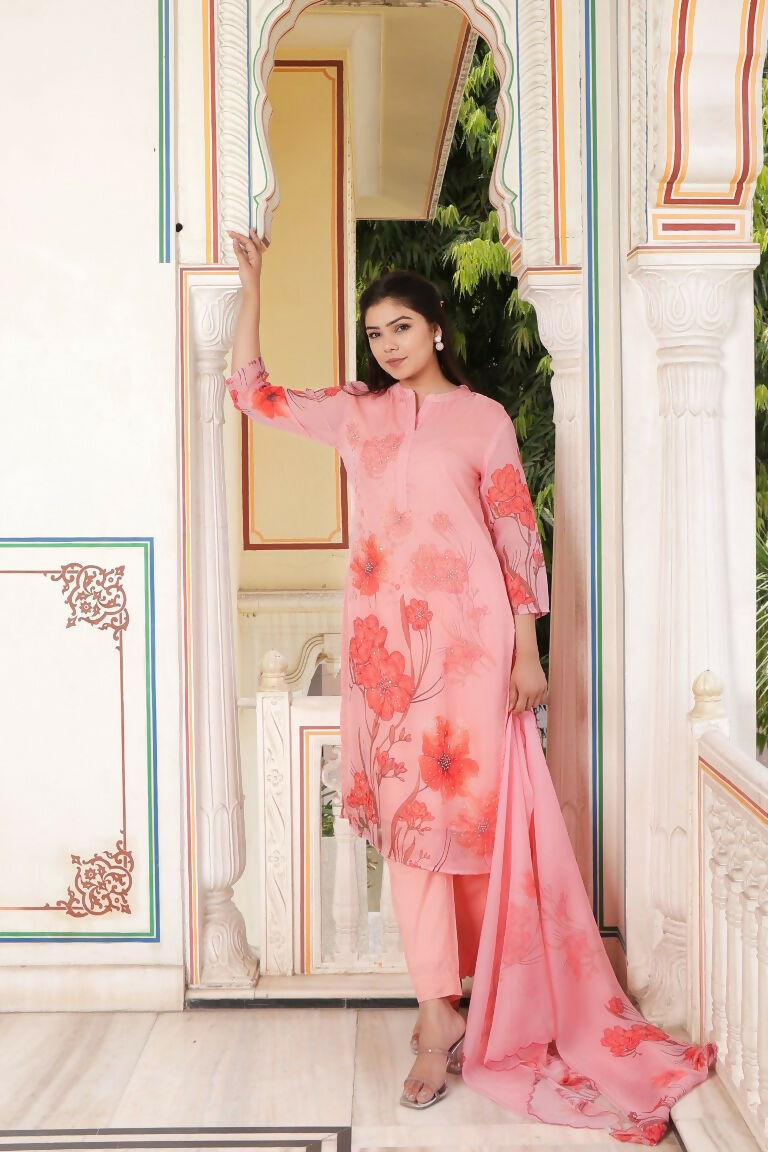 Vaasva Women Pink Tabby Slik Print & Embroidered Kurta, Pant & Dupatta set | Grocsy