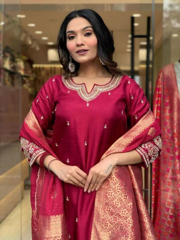 The52 Maroon Beautiful Embroidered Viscose Chanderi Fabric Straight Kurta Pant with Dupatta Set | Grocsy