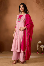 Lehenga Mart Designer Front-Slit Kurta, Paired With Wide-Leg Palazzo Pants And A Dupatta.-Rose Pink | Grocsy