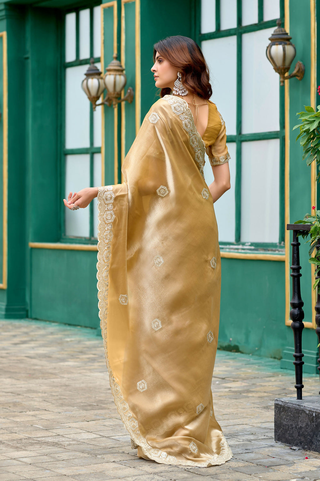 Vastranavya Beige Embroidery Work Shimmer Chiffon Saree with Unstitched Blouse | Grocsy