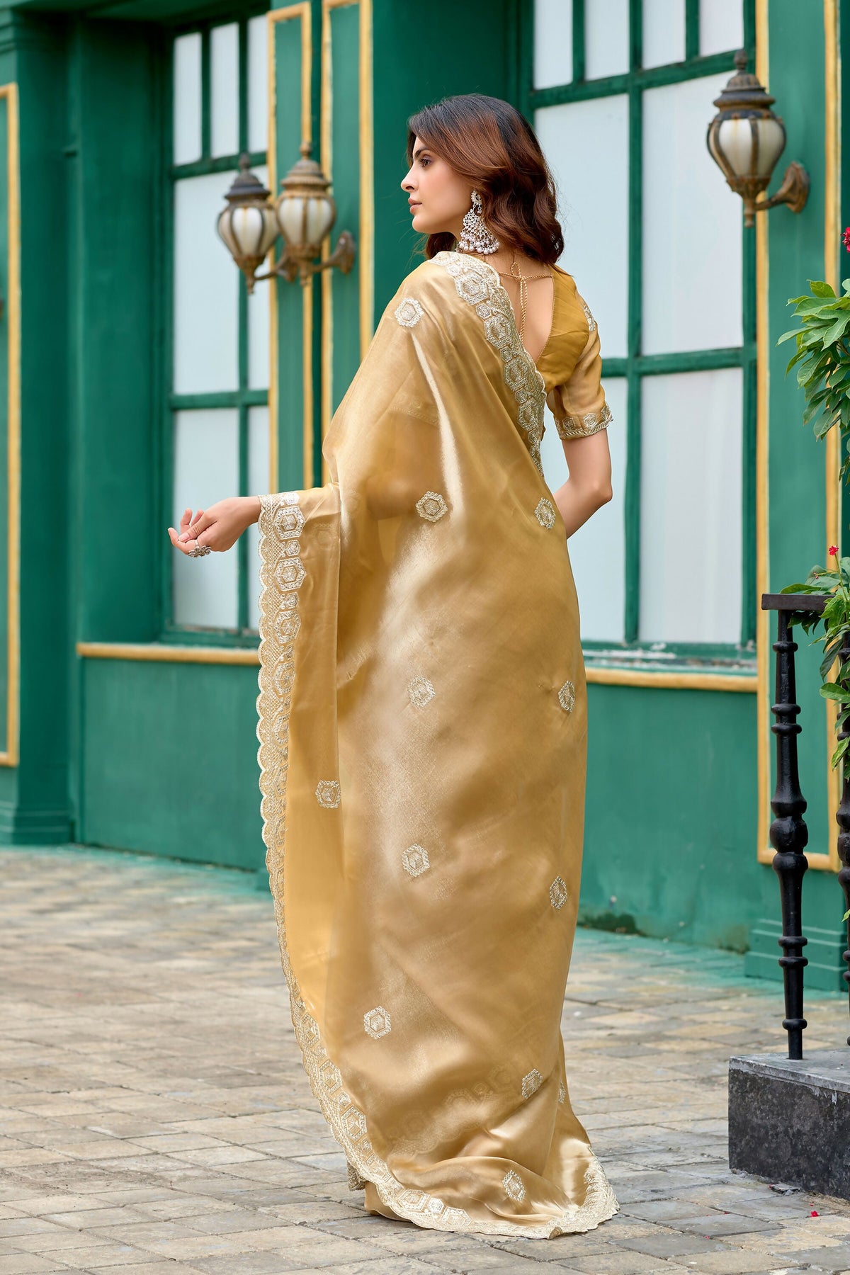 Vastranavya Beige Embroidery Work Shimmer Chiffon Saree with Unstitched Blouse | Grocsy