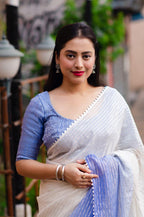 Lavender Poly Chiffon Striped Saree with Unstitched Blouse - Hiral Fashion | Grocsy