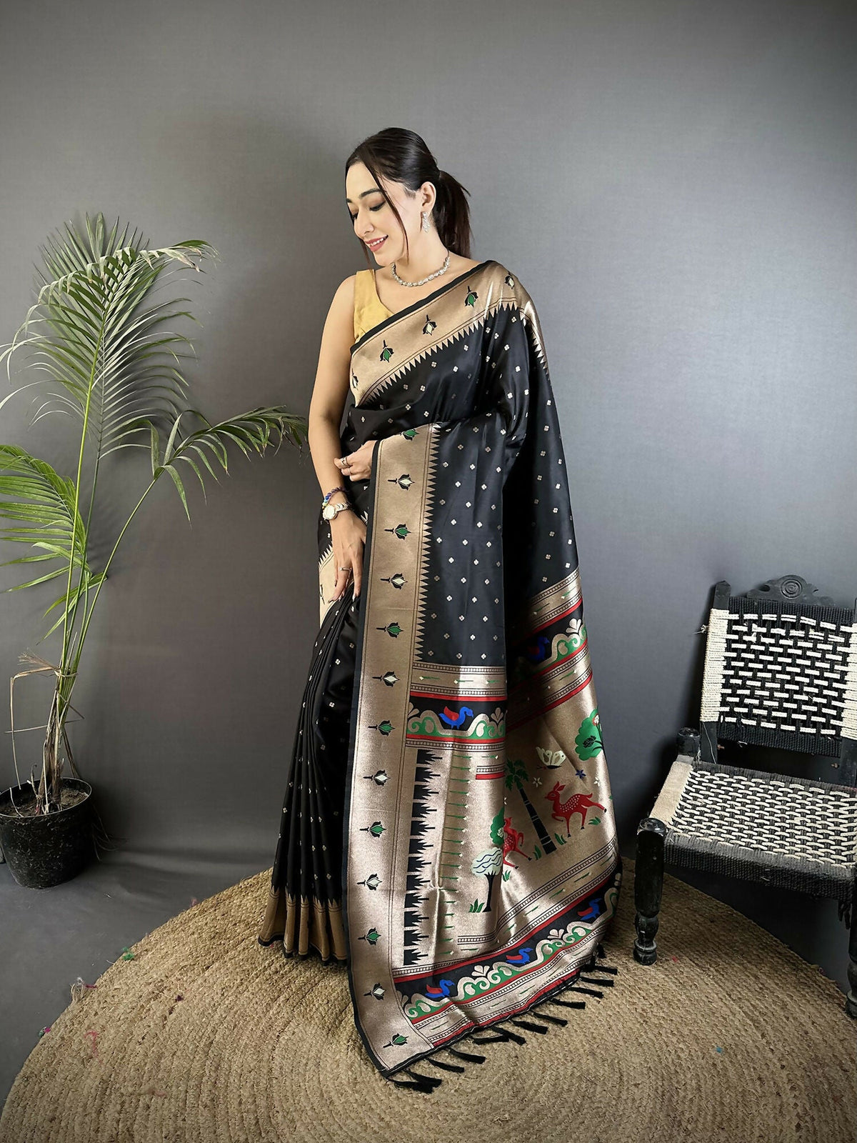 Joban Fashion Black Peacock & Floral Motifs Soft Lichi Silk Kanchipuram Saree | Grocsy