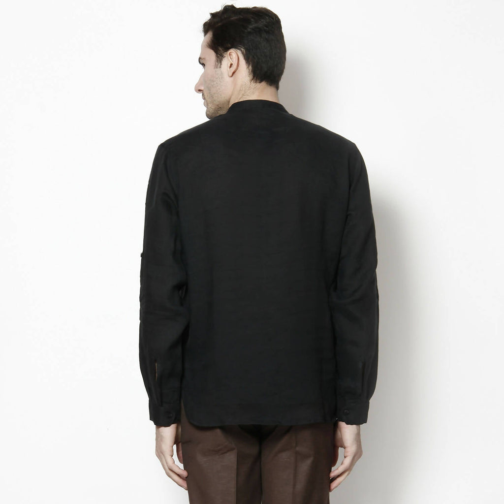 Even Apparels Black Linen Linen Men's Kurta With Band Collar | Grocsy