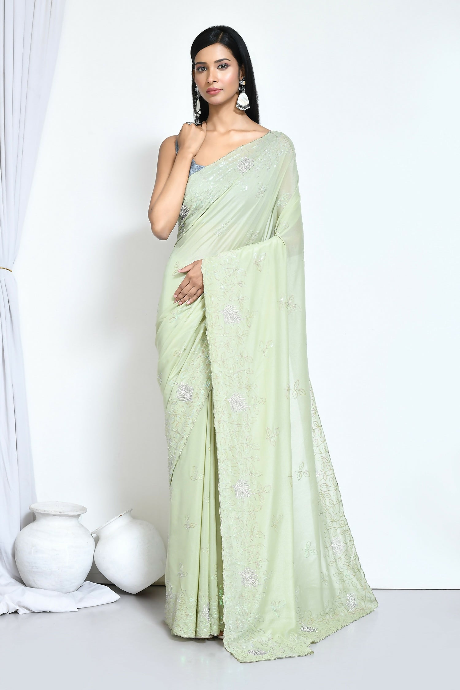 Green Crepe Silk Sequence Embroidered with Stone work Saree - Nimaya Benzy | Grocsy