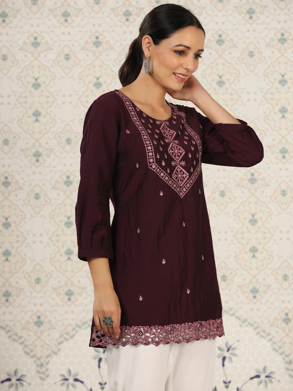 Magenta Chinon Embroidered Straight Top - Zeny | Grocsy