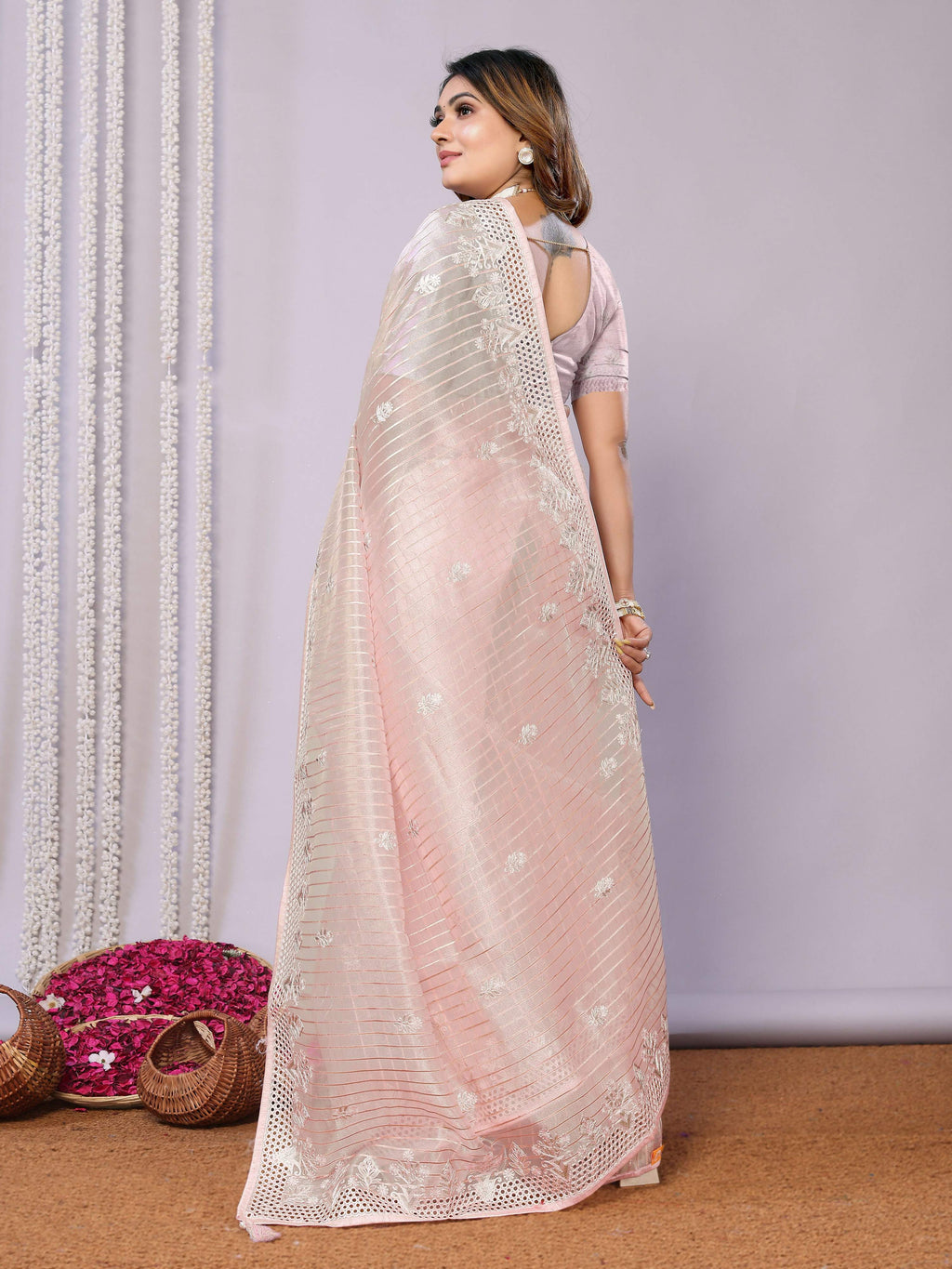 Pink Silk Embroidered Saree With Unstitched Blouse - Nimaya Kaksha | Grocsy