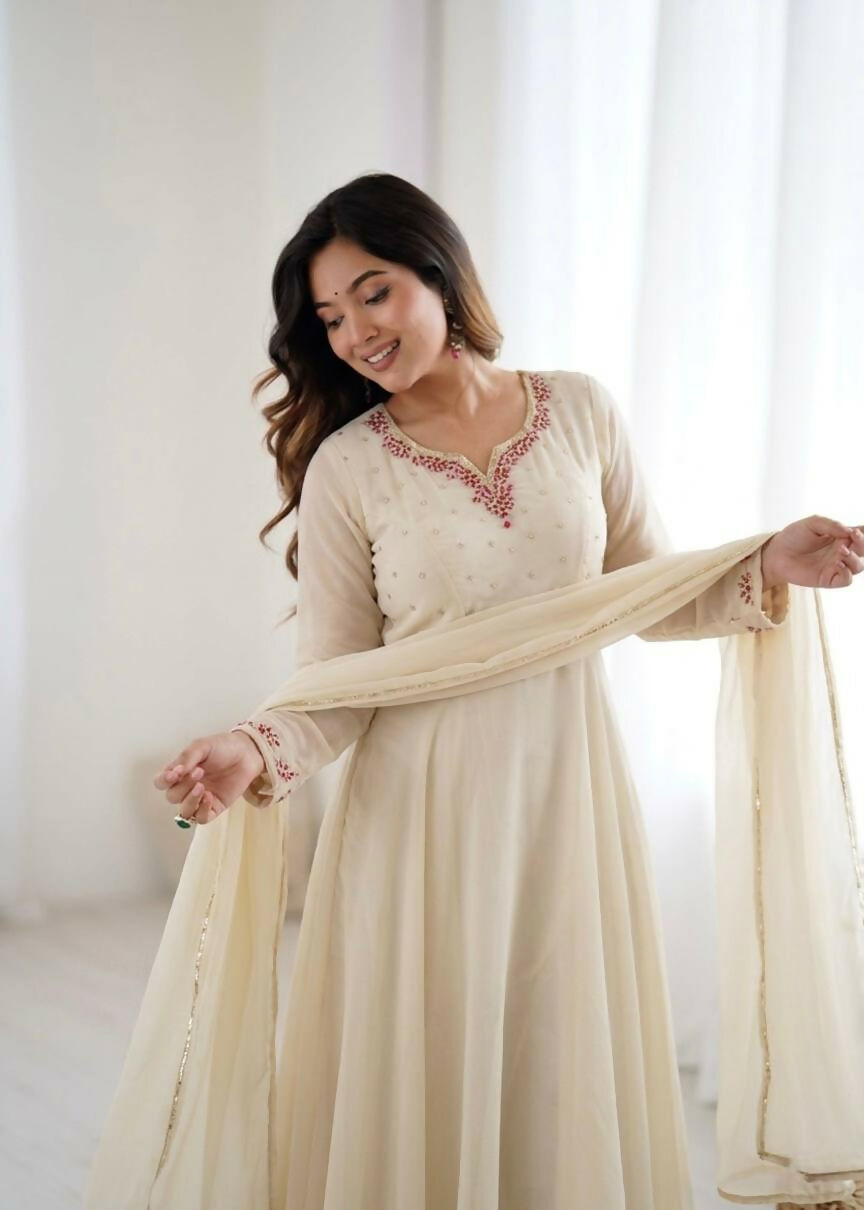 Teeya Creation Womens New Fancy Fox Georgette Heavy Quality Fabric With Handwork Cream Gown Set | Grocsy