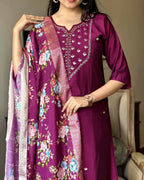 The52 Wine Women's Gorgeous Embroidered Rayon Fabric Straight Kurta Pant with Dupatta Set | Grocsy