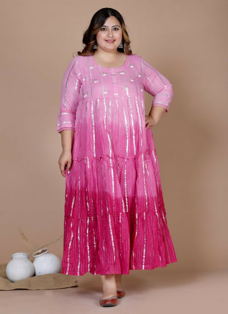 Miravan Women's Plus Size Cotton Embroidery And Lace Work Pink Party Wear Anarkali Kurta | Grocsy