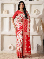 Shree Shyam Fashion Linen Cotton Red & White Saree | Grocsy