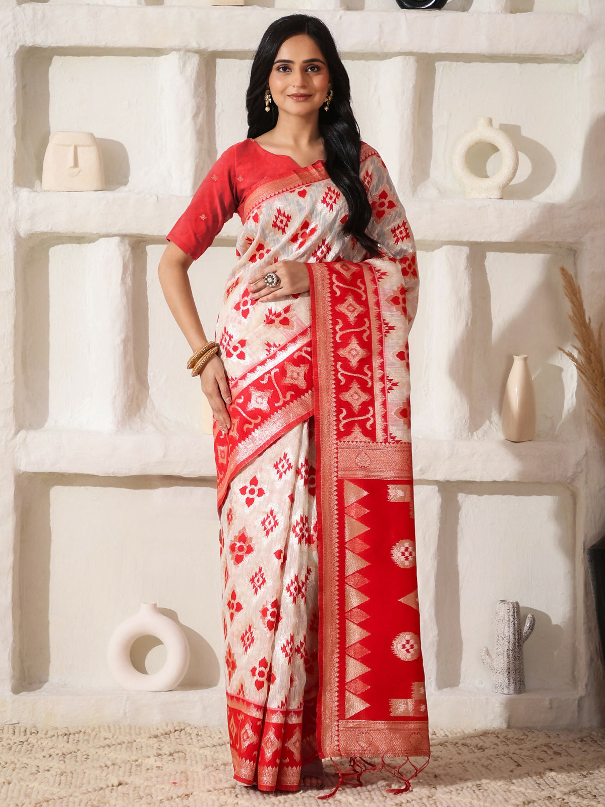Shree Shyam Fashion Linen Cotton Red & White Saree | Grocsy