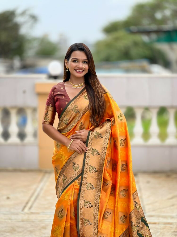 PR Fashion Mustard Orange Soft Banarasi Silk With Zari Weaving Meenakari Design Saree | Grocsy