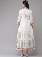 Yufta White Ethnic Printed Flared Dress | Grocsy
