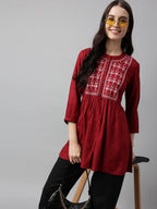 Red Rayon Yoke Embroidered A-line Top - Tarini | Grocsy