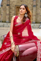 Vastranavya Red Embroidery Work Shimmer Chiffon Saree with Unstitched Blouse | Grocsy