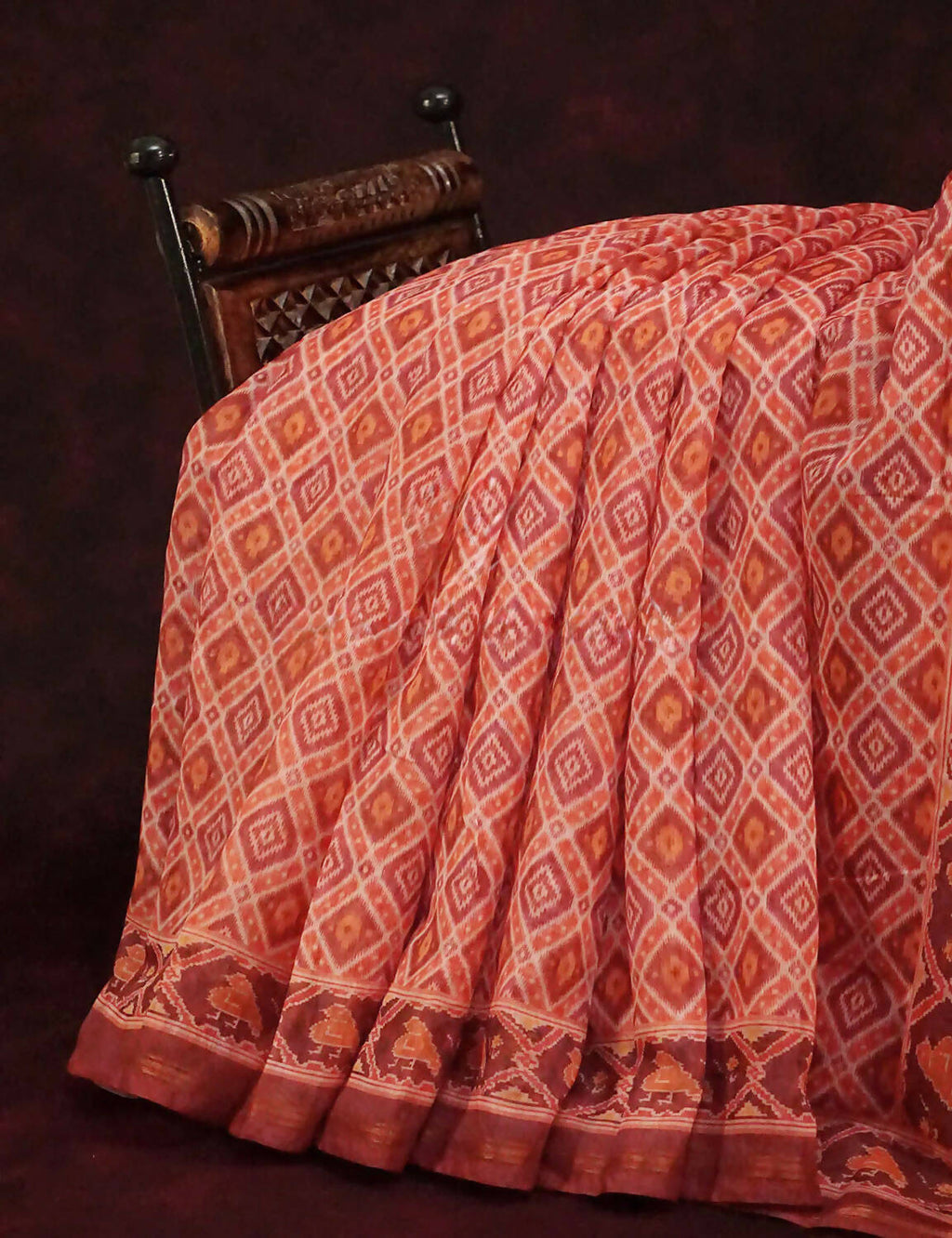 Peachish Orange Diamond Printed Semi Chanderi Saree By Gayathri Reddy Designer Studio | Grocsy