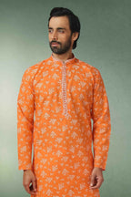 Raivat Ethnic Cotton Printed Work Kurta Pajama In Orange Colour | Grocsy