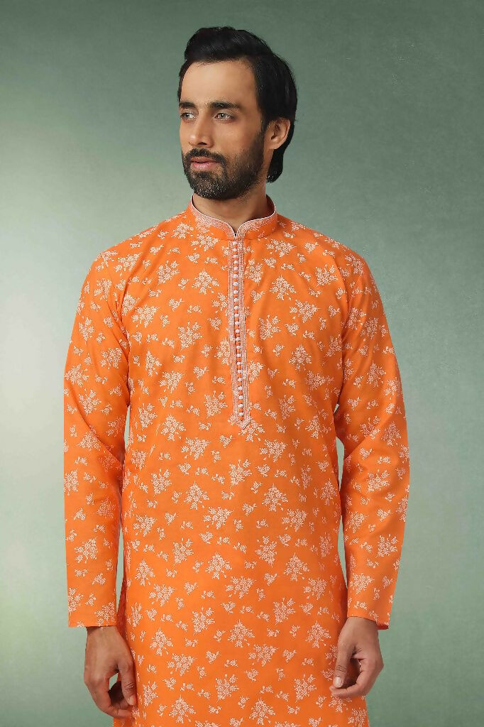 Raivat Ethnic Cotton Printed Work Kurta Pajama In Orange Colour | Grocsy