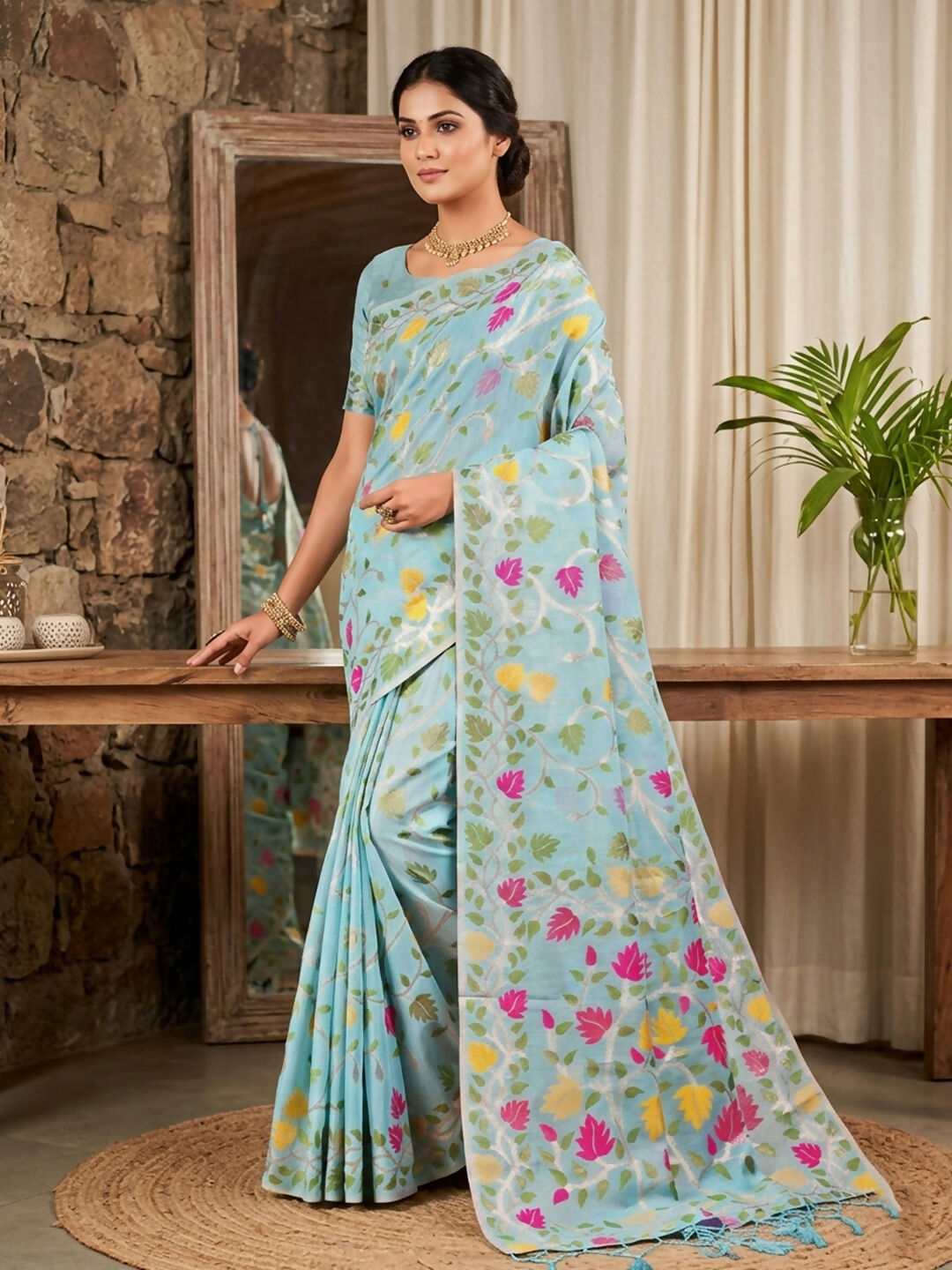 Shree Shyam Fashion Sky Blue Linen Cotton Saree | Grocsy