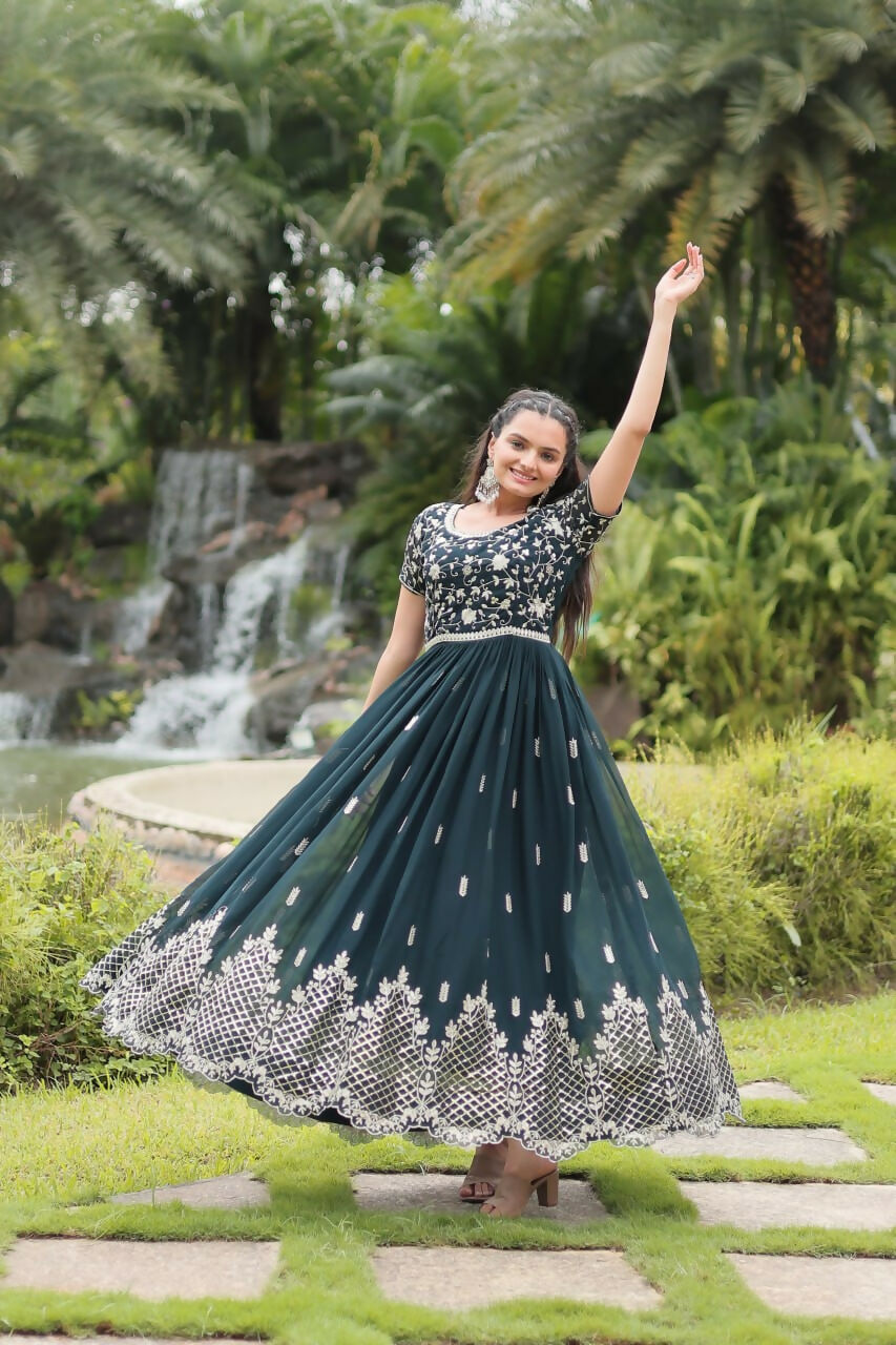 Vastranavya Premium Designer Faux Blooming with Embroidery Zari Sequins work Gown - Teal | Grocsy
