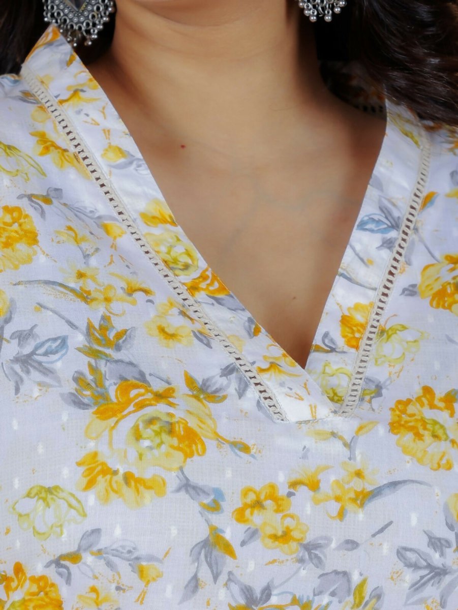 Aramya Yellow Soft Cotton Floral Print Straight Kurta Pant Set for Women | Grocsy