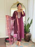 The52 Wine Women's Gorgeous Rayon Fabric Embroidered Work Straight Kurta Pant and Dupatta Set | Grocsy