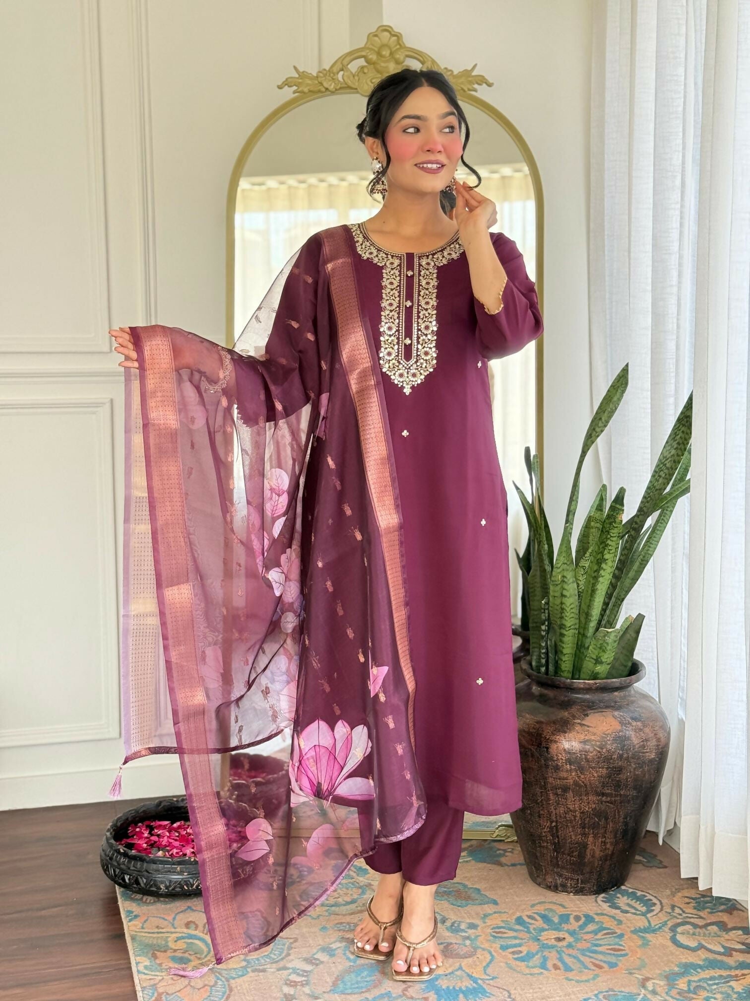 The52 Wine Women's Gorgeous Rayon Fabric Embroidered Work Straight Kurta Pant and Dupatta Set | Grocsy