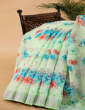 Pastel Green and Blue Digital Prin Semi Chanderi Saree By Gayathri Reddy Designer Studio | Grocsy