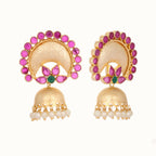 Nuyug 22K Gold Plated Ruby & Pearl Studded Dome Shaped Jhumkas | Grocsy