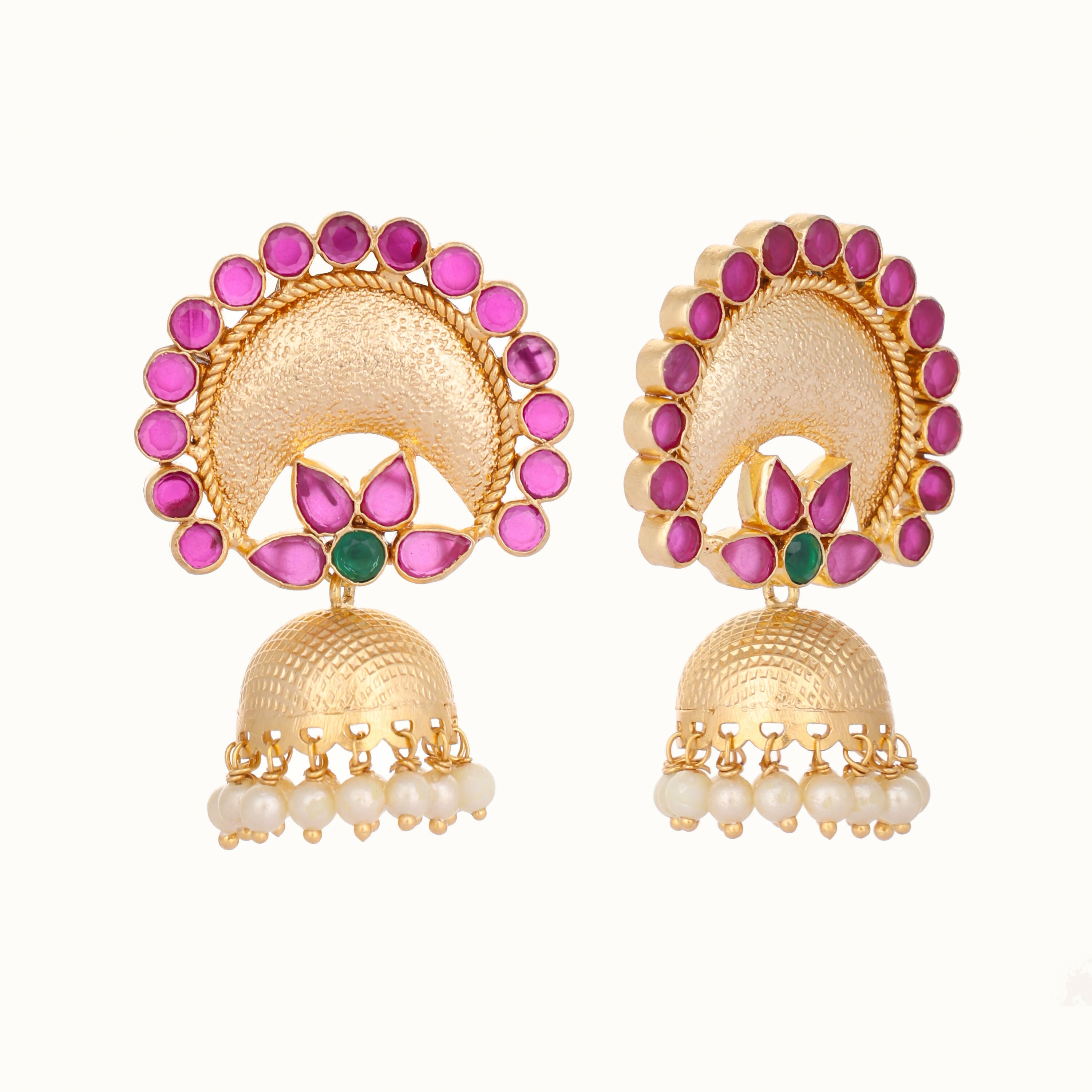 Nuyug 22K Gold Plated Ruby & Pearl Studded Dome Shaped Jhumkas | Grocsy