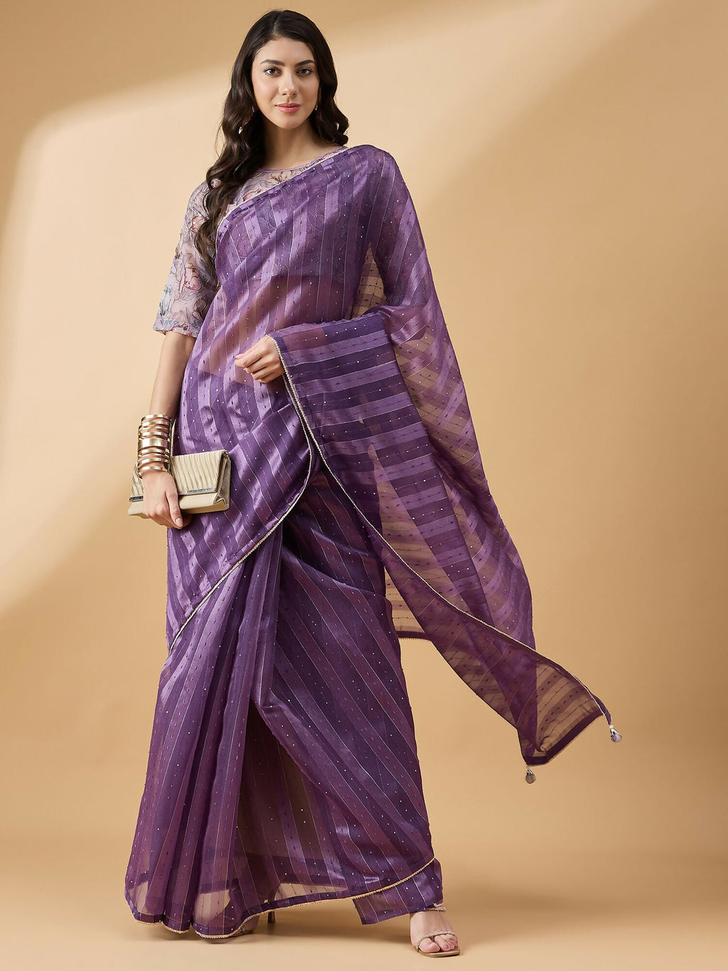 Purple Cotton Blend Sequence Work Saree with Stitched Blouse - Dharavi | Grocsy