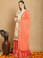 Jyoti Fashion Women's Cream Chanderi Silk Elegant Jardoshi Semi Kurta with Trouser & Dupatta | Grocsy